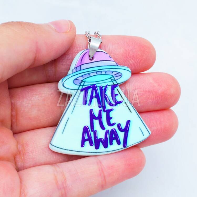 Двостороння підвіска Літаюча тарілка з променем і написом Take Me Away