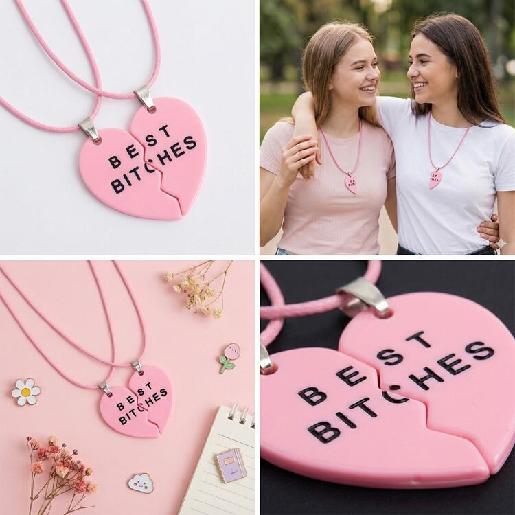 Парные кулоны для лучших подруг Best Bitches | Розовые половинки сердца на шнуре