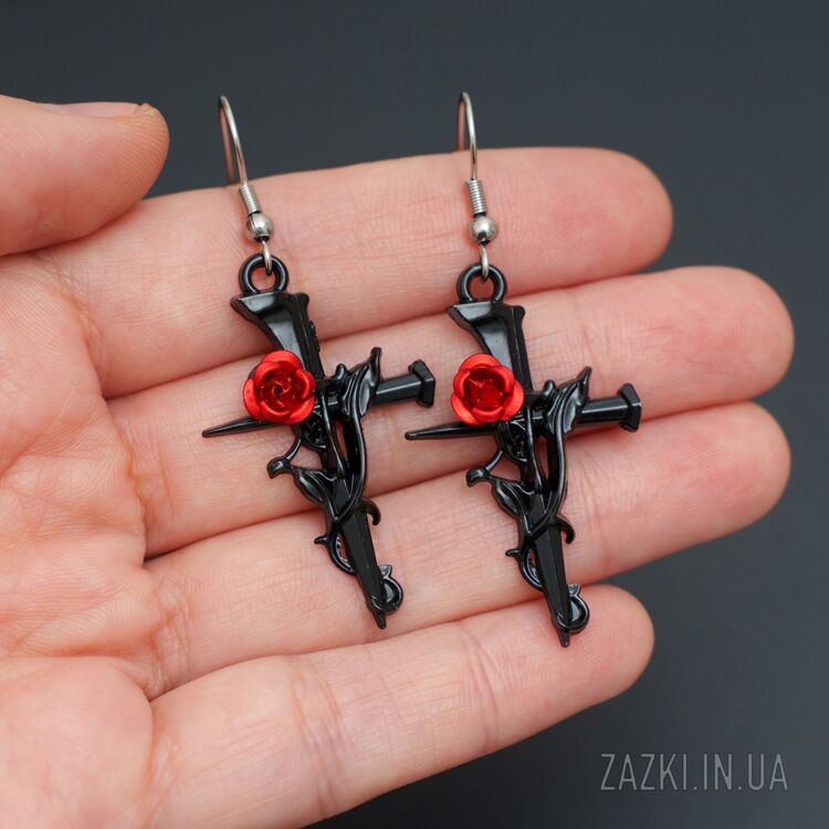 Серьги Крест из кольев с розой черного цвета