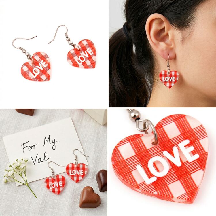 Красные серьги Сердечки LOVE в клеточку