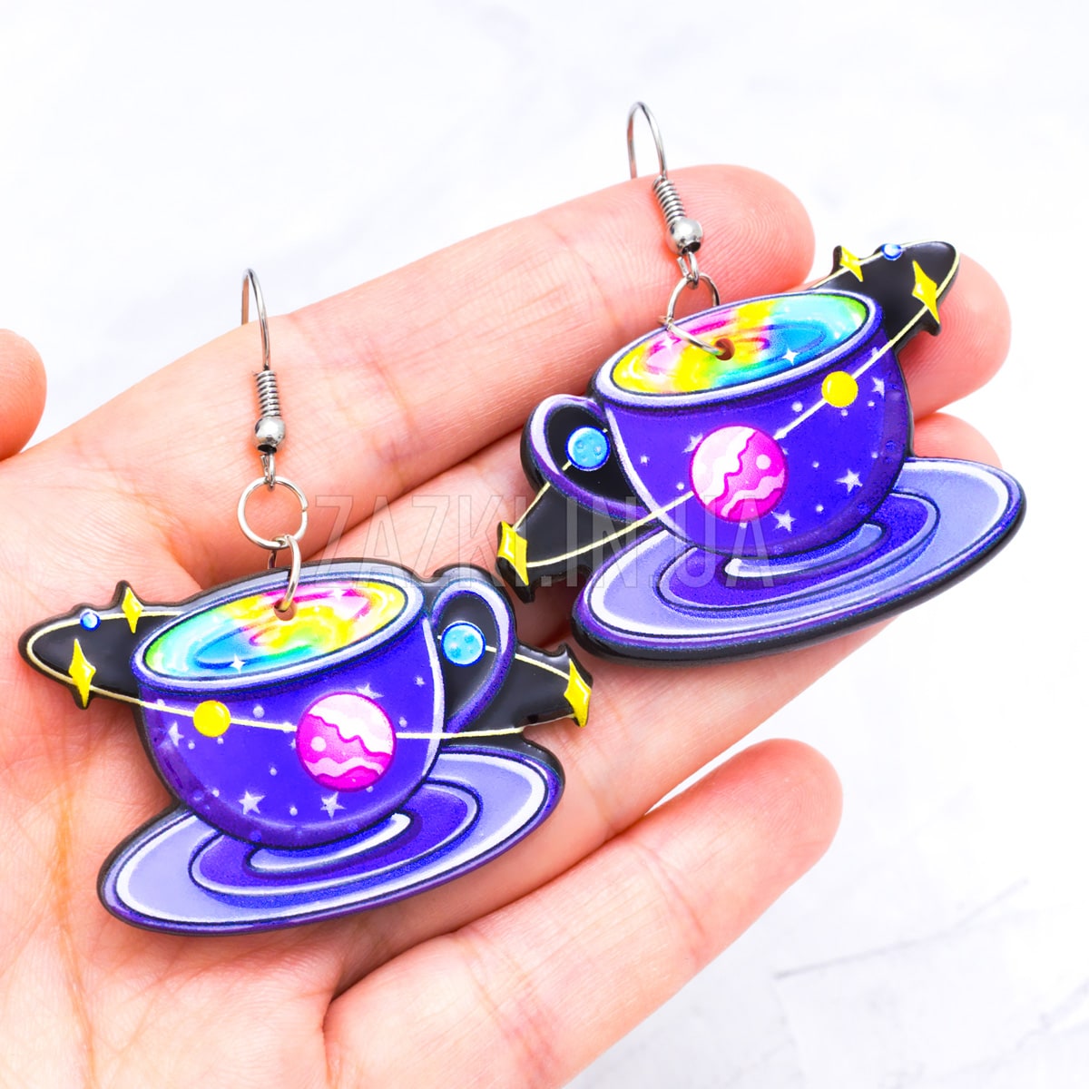 Сережки Чашка з блюдцем у космічному стилі