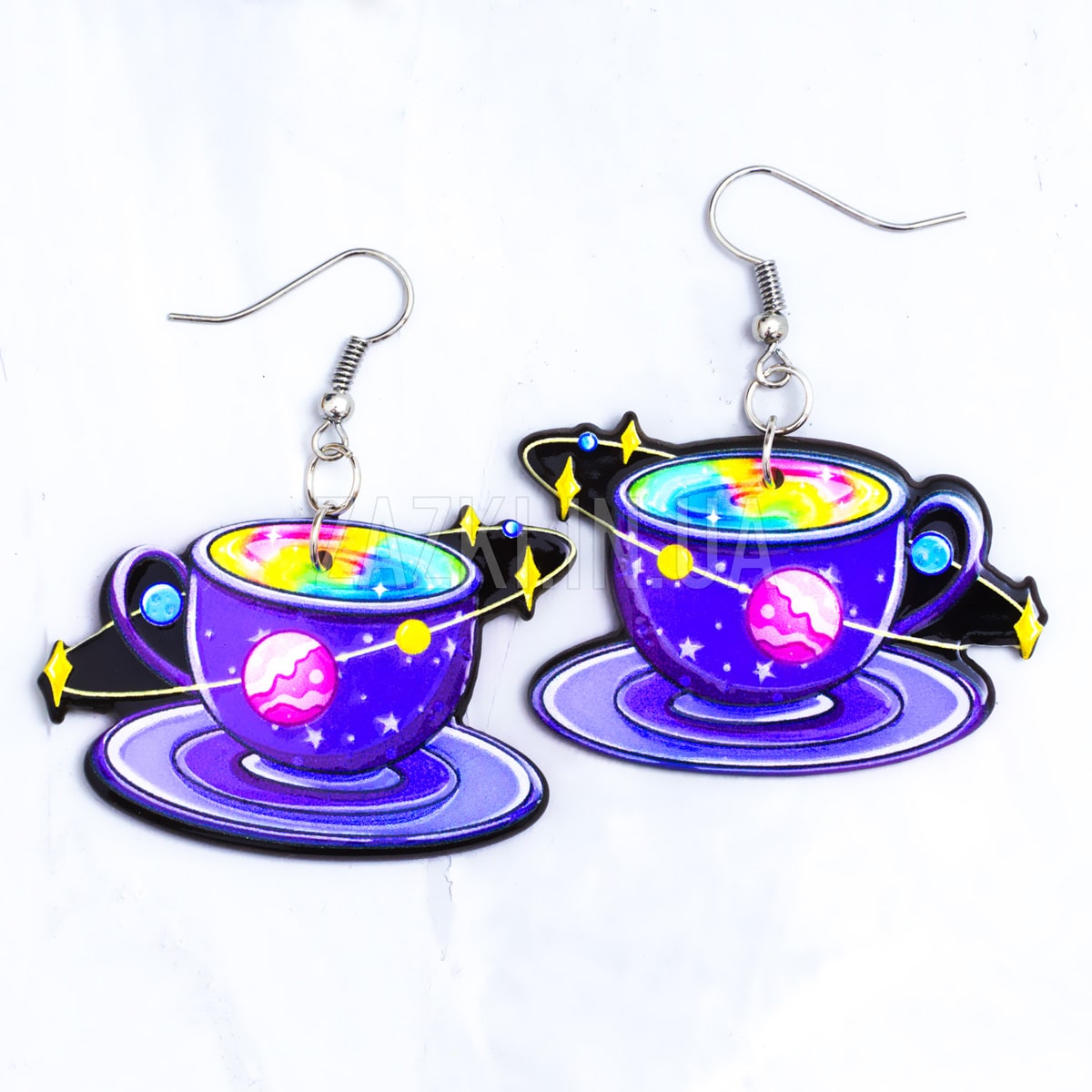 Сережки Чашка з блюдцем у космічному стилі
