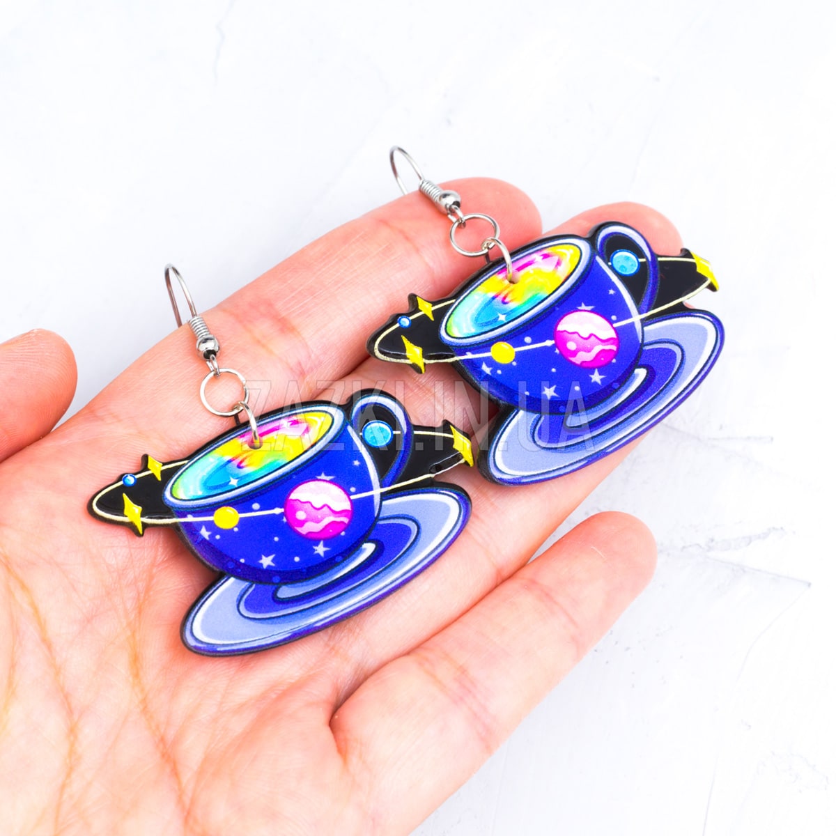 Сережки Чашка з блюдцем у космічному стилі